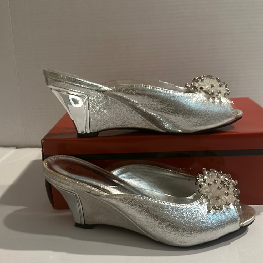 First Sight Silver Wedge heels pre owned